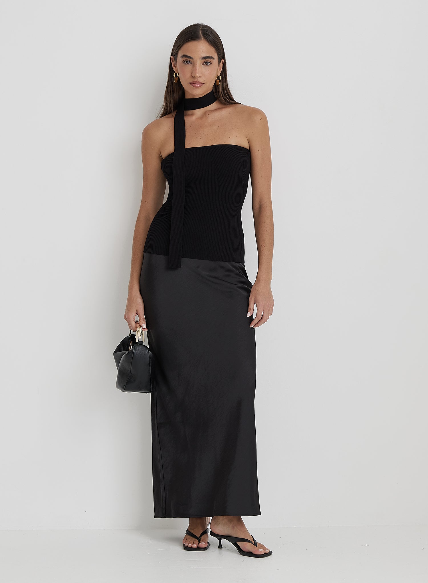 Black Ribbed Knit Bandeau Scarf Top